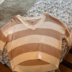 Striped American Eagle V-Neck Sweater - Cream and Brown